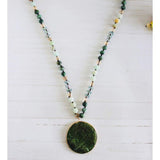 Mint and Green Beaded Necklace with Circular Green Pendant -